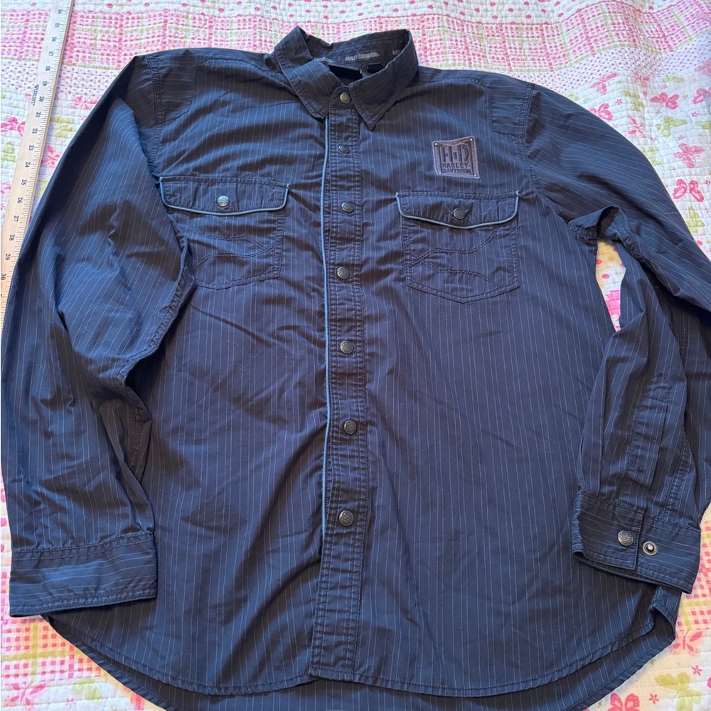 Harley Davidson Black Pin Stripe Snap Buttons Dress Shirt-2Front Pockets-Size XL